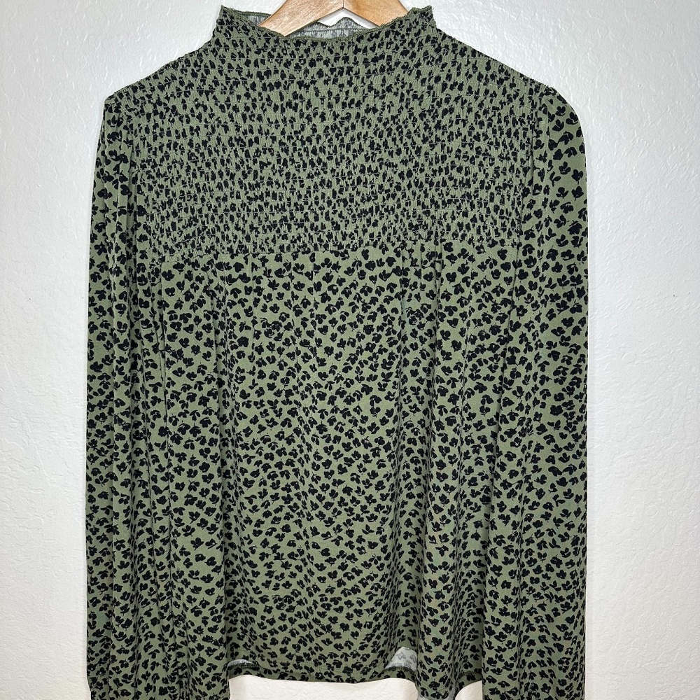 Ann Taylor Olive + Black Floral Print Blouse - Stretch Knit - Smocking - Large